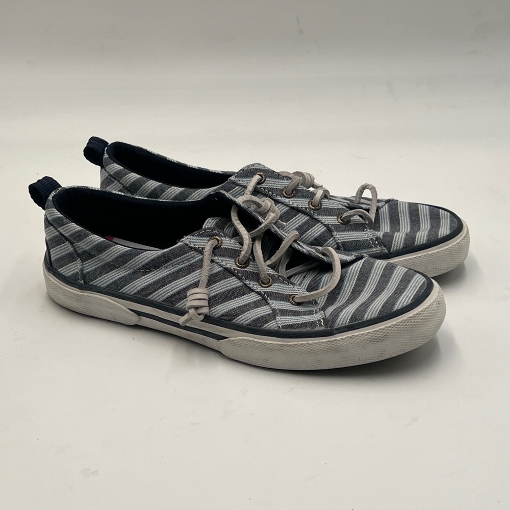 Sperry Gray White Striped Canvas Sneakers Women’s [7] Lace-Up Casual Nautical